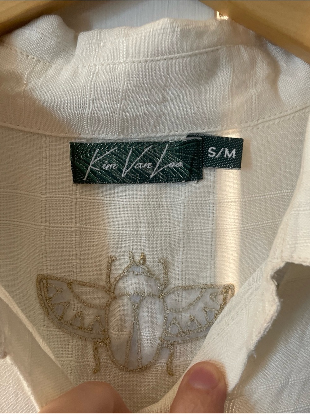 Kim Van Lou Linen Blend Oversized Blouse White Embroidered Scarab Beetle S/M - Picture 2 of 6